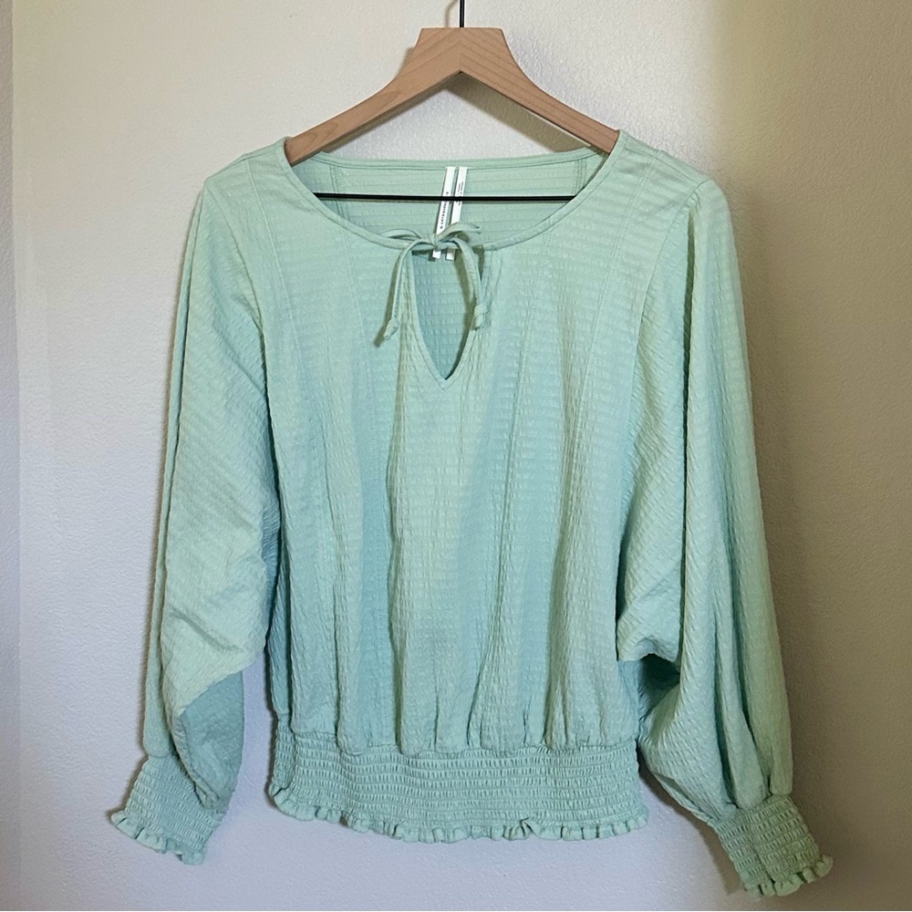 ANTHROPOLOGIE S M Rebecca Smocked Top in Mint • Oversized Peasant Blouse - Picture 3 of 13